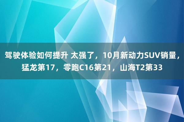 驾驶体验如何提升 太强了，10月新动力SUV销量，猛龙第17，零跑C16第21，山海T2第33