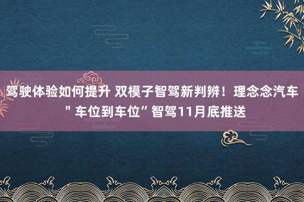 驾驶体验如何提升 双模子智驾新判辨！理念念汽车 ＂车位到车位”智驾11月底推送