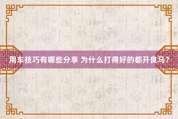 用车技巧有哪些分享 为什么打得好的都开良马？